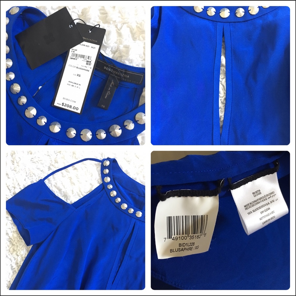 BCBG Blue Silk Open Shoulder/Keyhole Top, XS, *NWT